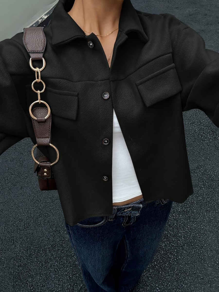 YY0904149 Women'S Lapel Short Jacket, Casual Utility Style Top, Jacket, Shirt Jacket, Spring/Autumn Style - Black
