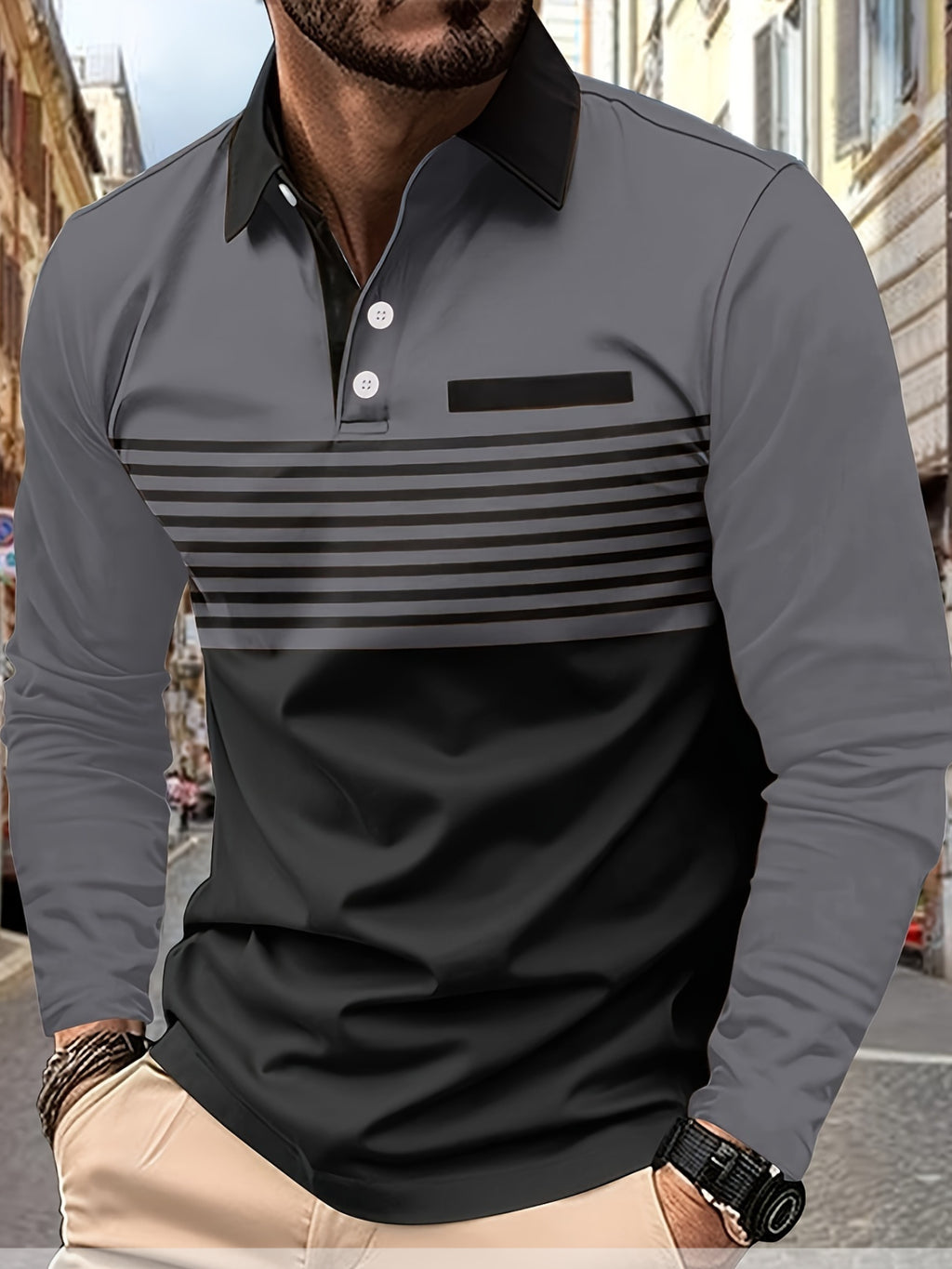 Printed Design - Not Textured 2026 New Striped Men's Casual Color-Block Long Sleeve Lapel Shirt, Light Business Commute, Sporty Breathable Style, Versatile for Daily Wear, Suitable for Summer Golf - Mixed colors