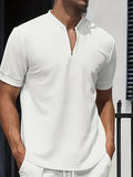 Men'S Waffle Breathable Polo Shirt, Solid Color Stand Collar Half-Zip Short-Sleeve Top, Soft And Comfortable Garment for Outdoor Trips And Daily Wear - White