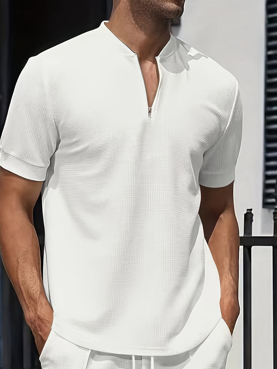 Men'S Waffle Breathable Polo Shirt, Solid Color Stand Collar Half-Zip Short-Sleeve Top, Soft And Comfortable Garment for Outdoor Trips And Daily Wear - White