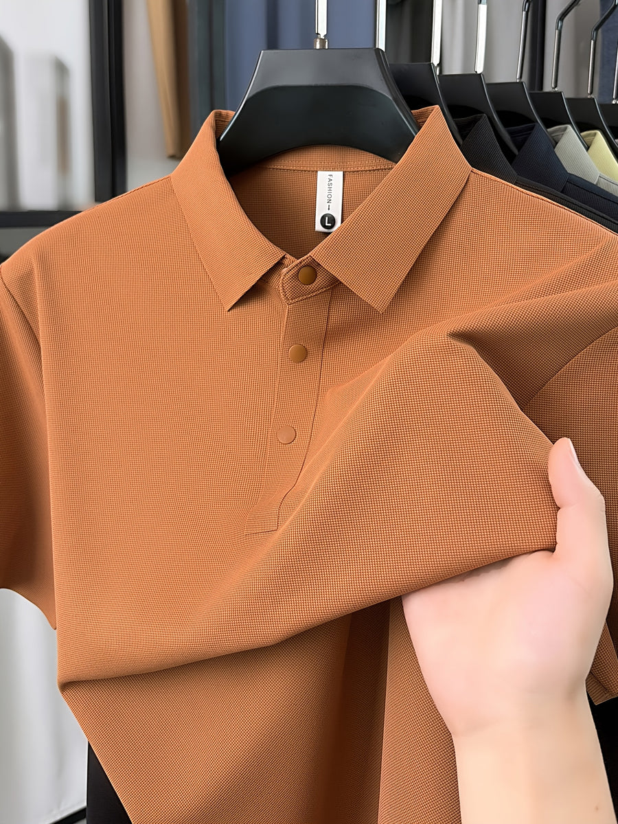 SaXing OBM New Spring/Summer Men's Polo Shirt, Old Money Style Textured Waffle Knit Solid Color Contrast Seamless Half-Placket Single-Breasted Lapel Short-Sleeve T-Shirt, Men's Fashionable Versatile Pullover Base Layer Top with Split Hem Design - Tangerine