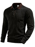 Men's Fashion Long-Sleeve POLO Shirt, Color-Blocked Lapel Jacquard Design T-Shirt, Essential Golf Polo Wear, Breathable, Warm, Skin-Friendly, and Comfortable, for Indoor Gatherings and Outdoor Sports, Casual Vacation Trendy Style - Black