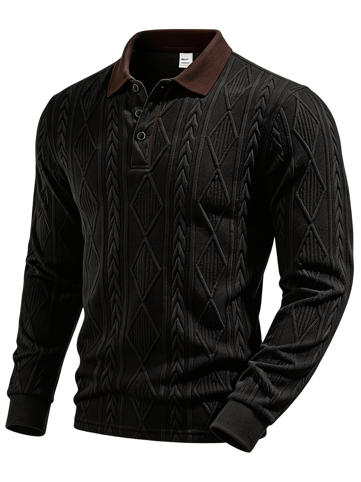 Men's Fashion Long-Sleeve POLO Shirt, Color-Blocked Lapel Jacquard Design T-Shirt, Essential Golf Polo Wear, Breathable, Warm, Skin-Friendly, and Comfortable, for Indoor Gatherings and Outdoor Sports, Casual Vacation Trendy Style - Black