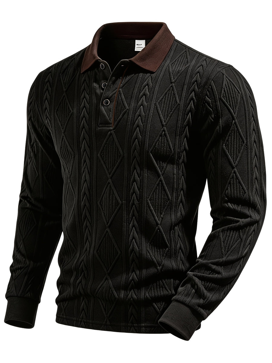 Men's Fashion Long-Sleeve POLO Shirt, Color-Blocked Lapel Jacquard Design T-Shirt, Essential Golf Polo Wear, Breathable, Warm, Skin-Friendly, and Comfortable, for Indoor Gatherings and Outdoor Sports, Casual Vacation Trendy Style - Black