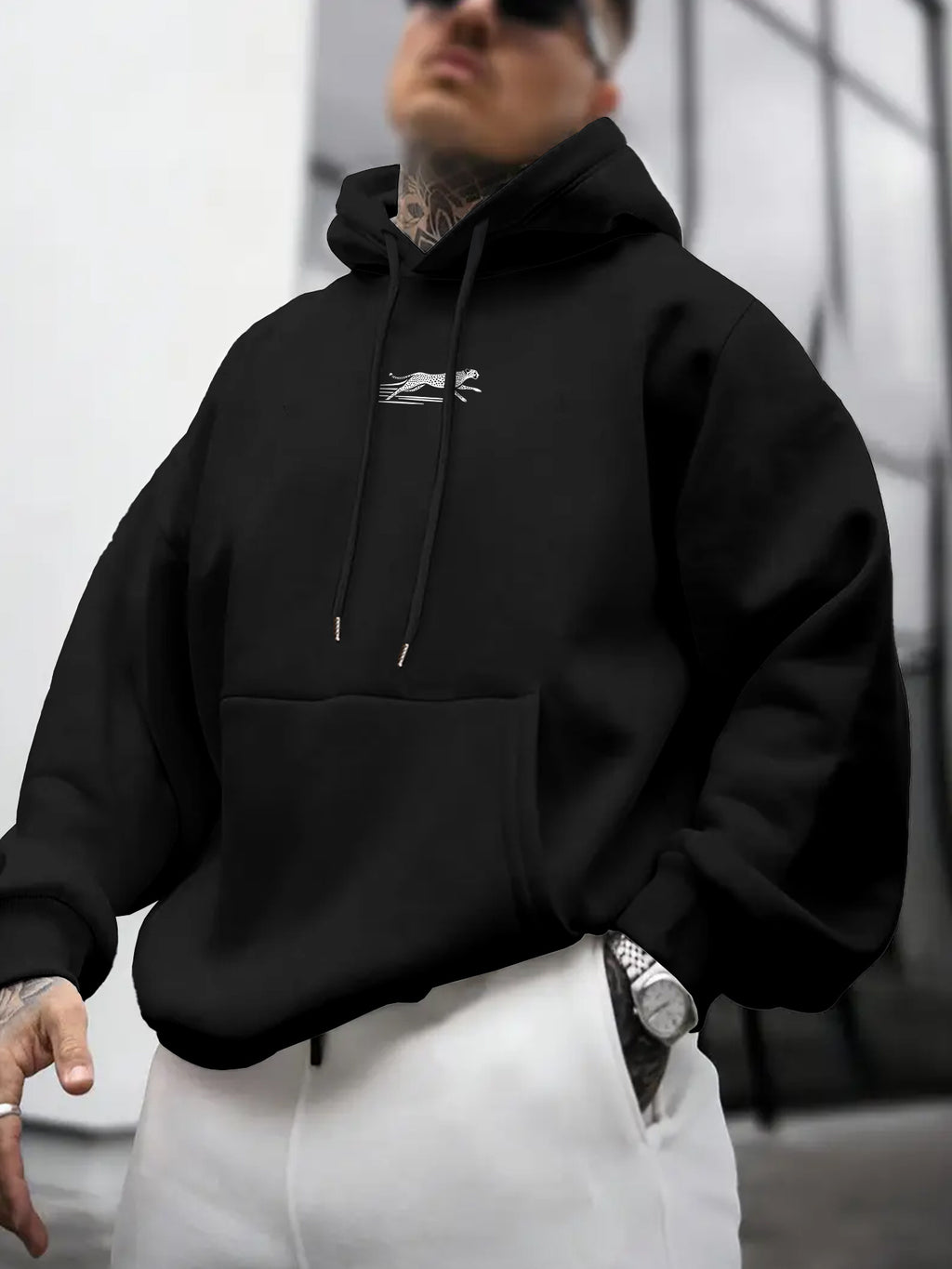 Men'S Hooded Fleece Sweatshirt, Leopard Print, Men'S Versatile Hooded Sweater, Casual And Comfortable Long-Sleeved Pullover, Autumn And Winter Hooded Sweatshirt, Easy SLOGAN, Casual, Outdoor Street Style, Fashionable - Black