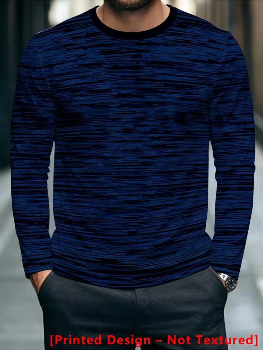 Men's Dark Blue Long-Sleeve Crewneck Apparel with Digital Abstract Line Pattern, Daily Wear Style [Printed Design - Not Textured] - Mixed colors