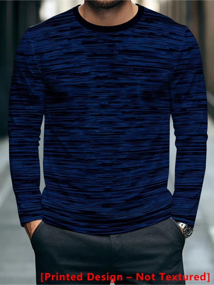 Men's Dark Blue Long-Sleeve Crewneck Apparel with Digital Abstract Line Pattern, Daily Wear Style [Printed Design - Not Textured] - Mixed colors
