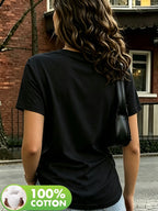 Women's Fashionable and Sexy V-Neck Short-Sleeve T-Shirt, a Versatile Regular Fit for Daily Commuting and Casual Wear. This Solid-color, Minimalist Basic Style Features Comfortable, Breathable Fabric as a Base Layer. Machine Washable and Suitable - Black