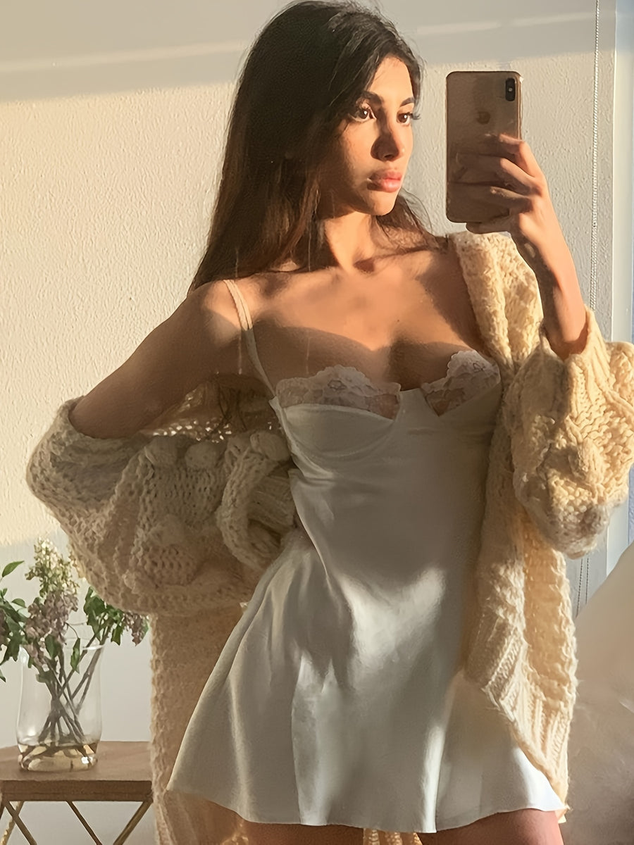 Sexy Satin Adjustable Strap Dress with Lace - Elegant Night Dress Specially Designed for Women, Petticoat-Style Underwear Pajamas - White
