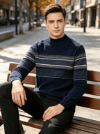 Winter New Men'S Fleece Thickened Semi-High Neck Jacquard Sweater Warm Comfortable All-In-One Plush Men'S Top Winter Cold-Proof - Navy Color