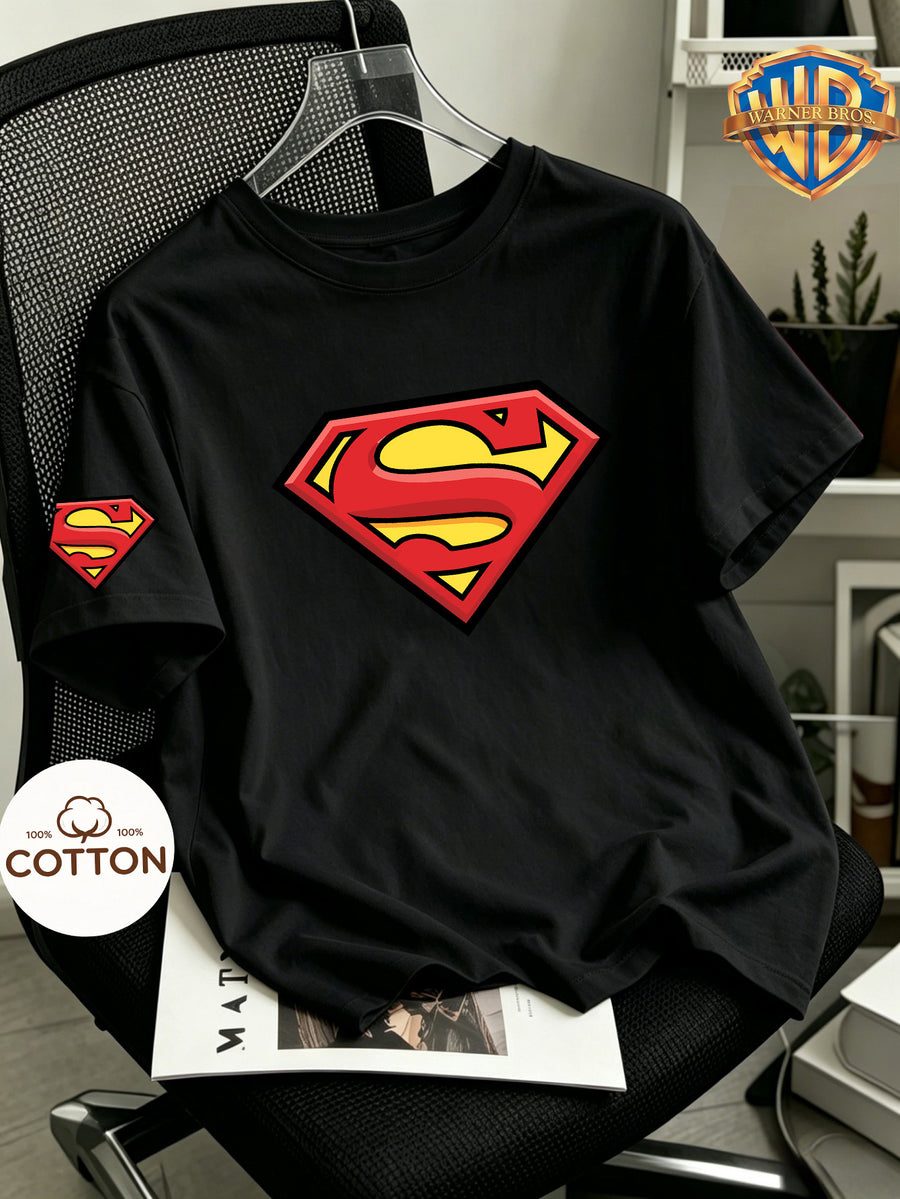 100%, DC Superman Logo Classic Running Men'S Print for Spring, Summer, Autumn, Men'S And Women'S Short Sleeved T-Shirt, Round Neck Comfortable Top, Soft And Comfortable Fabric, Perfect for Home, Sports, Outdoor, Casual - Black