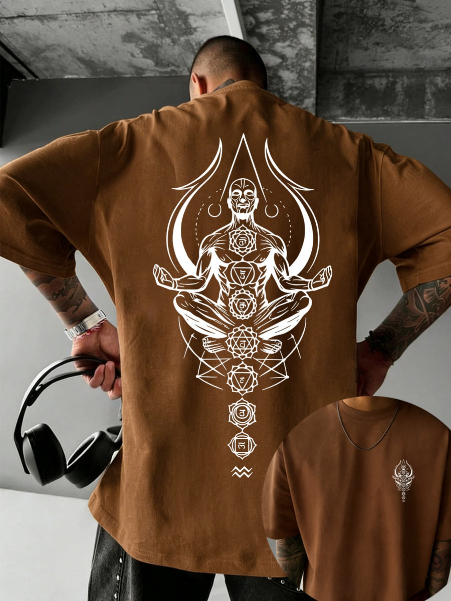 Men's 100% Pure Cotton T-Shirt, Zen Chakra Print, Breathable and Soft, for All Seasons, Casual Daily Commute - Coffee Brown