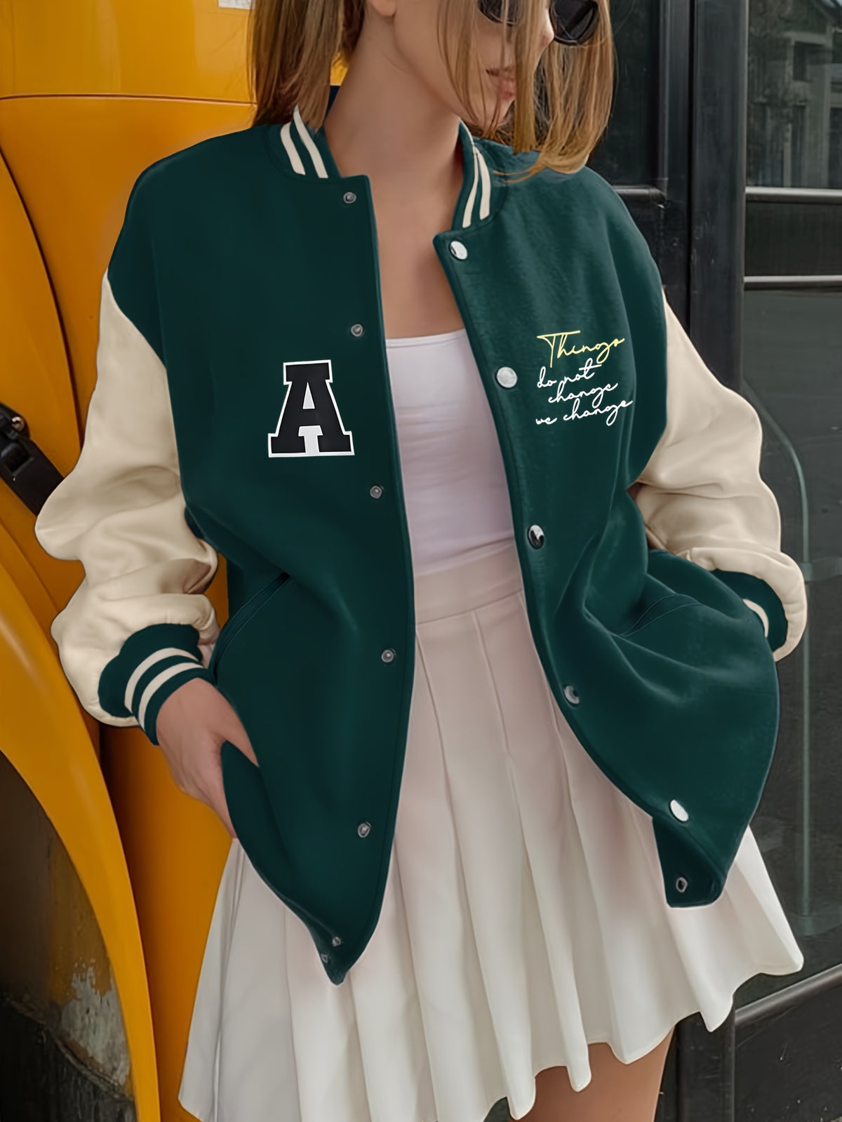 Women's Fashion Casual American Letter Vintage Street Style Sport  Jacket - Dark Green