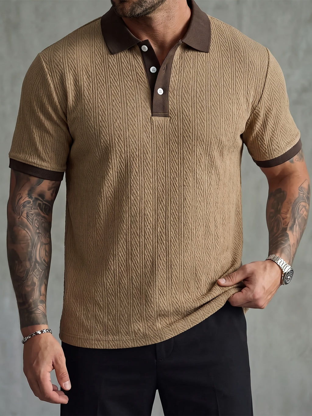 Men's Business Casual Polo Shirt, Formal and Daily Wear, Stretch Knit Fabric, Machine Washable for Office Attire, New Spring/Summer Style, Trendy for Men - Brown