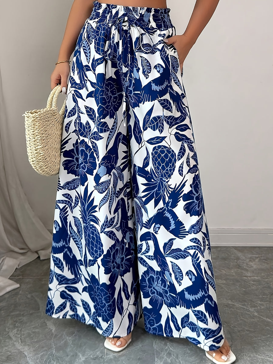 Summer Elegant Chic Romantic Women'S Printed Ruffled Waistband Wide-Leg Casual Loose Vacation Trousers with Fake Drawstring Casual Style - Blue