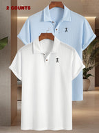 2pcs Set Men'S Textured Jacquard Short Sleeve POLO Shirts | Casual Comfortable Knit with Lapel Collar, Medium Stretch Fabric, Geometric Pattern, Button Details - White+Sky Blue