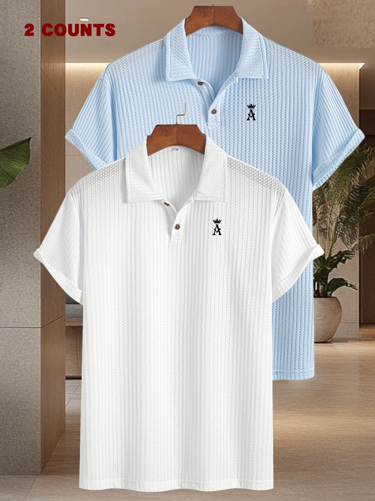 2pcs Set Men'S Textured Jacquard Short Sleeve POLO Shirts | Casual Comfortable Knit with Lapel Collar, Medium Stretch Fabric, Geometric Pattern, Button Details - White+Sky Blue