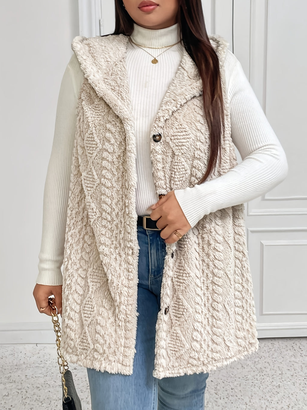 Plus Size, Plus Size Plush Hooded Vest - Apricot