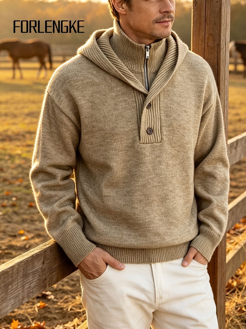 FORLENGKE Men'S Intercity Lightweight Travel Wind Hooded Double Placket Knit Top, Zipper Button-Up Dual Adjustable Style Flexible, Autumn Winter Short Distance Travel Self-Driving Roaming Golf Sports Outdoor Camping Casual Outerwear Top - Clip Flower Coffee