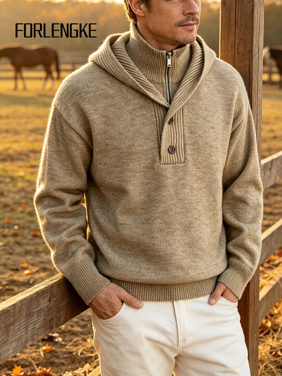 FORLENGKE Men'S Intercity Lightweight Travel Wind Hooded Double Placket Knit Top, Zipper Button-Up Dual Adjustable Style Flexible, Autumn Winter Short Distance Travel Self-Driving Roaming Golf Sports Outdoor Camping Casual Outerwear Top - Clip Flower Coffee