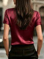 Women's Simple Round Neck Short Sleeve T-Shirt - Satin Texture, Ideal for Mother's Day & Independence Day Commute, Suitable for Spring & Summer Office & Casual Looks, Luxury Style Outfit - Red