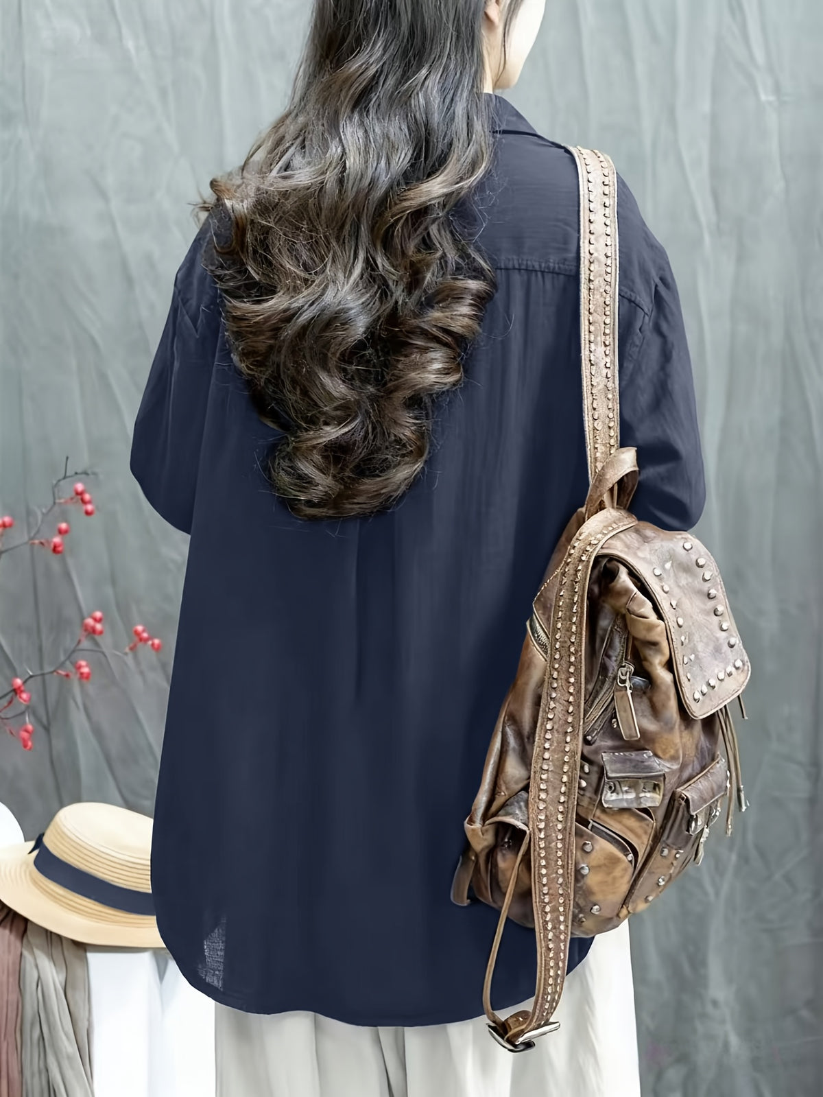 2025 Spring/Autumn New Style Loose All-Match Casual Solid Color Long Sleeve Shirt Women'S Retro Commute Street Style - Navy Color