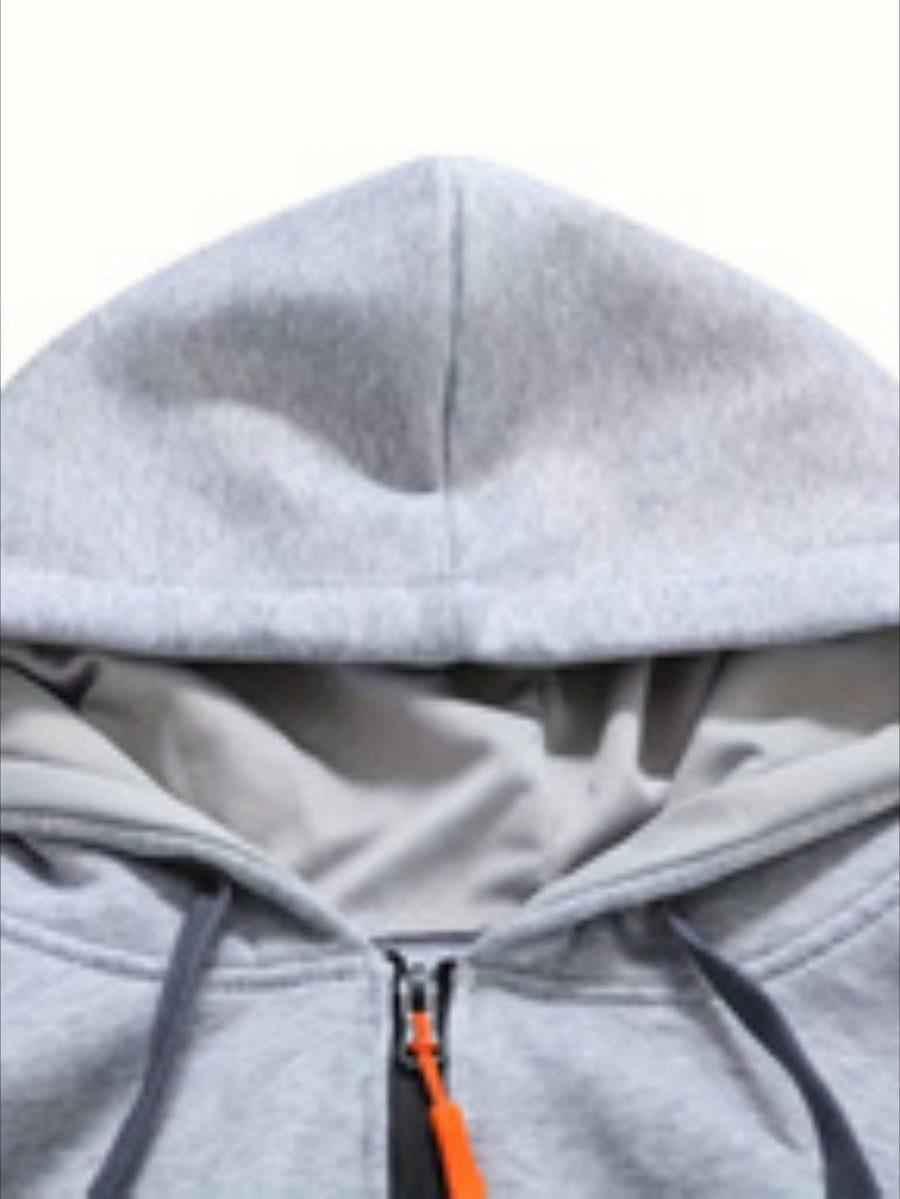 Men'S Basic NY Uppercase Letter Print Cargo Hooded Zipper Cardigan Casual Jacket - Light Grey