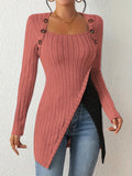 Women's Fashion Ribbed Square Neck Contrast Color Irregular Button Long Sleeve T-Shirt - Red