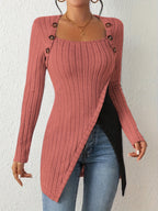 Women's Fashion Ribbed Square Neck Contrast Color Irregular Button Long Sleeve T-Shirt - Red
