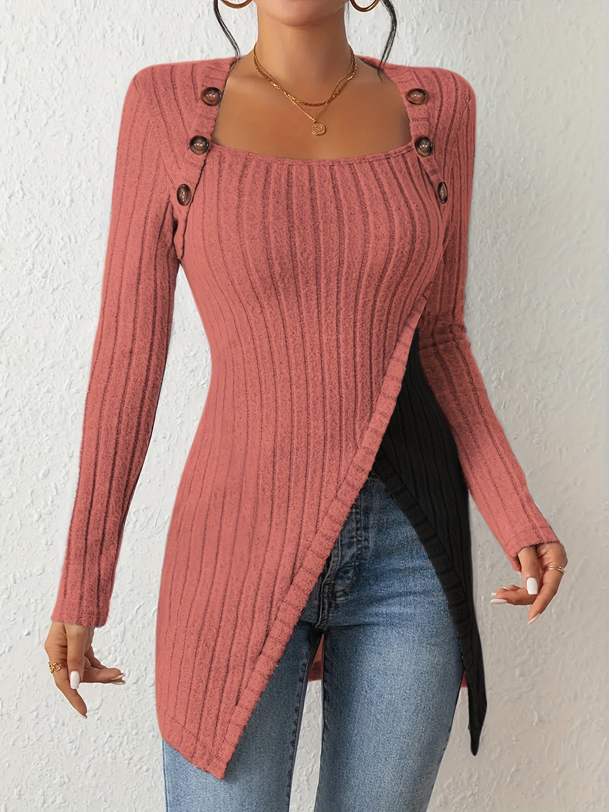 Women's Fashion Ribbed Square Neck Contrast Color Irregular Button Long Sleeve T-Shirt - Red