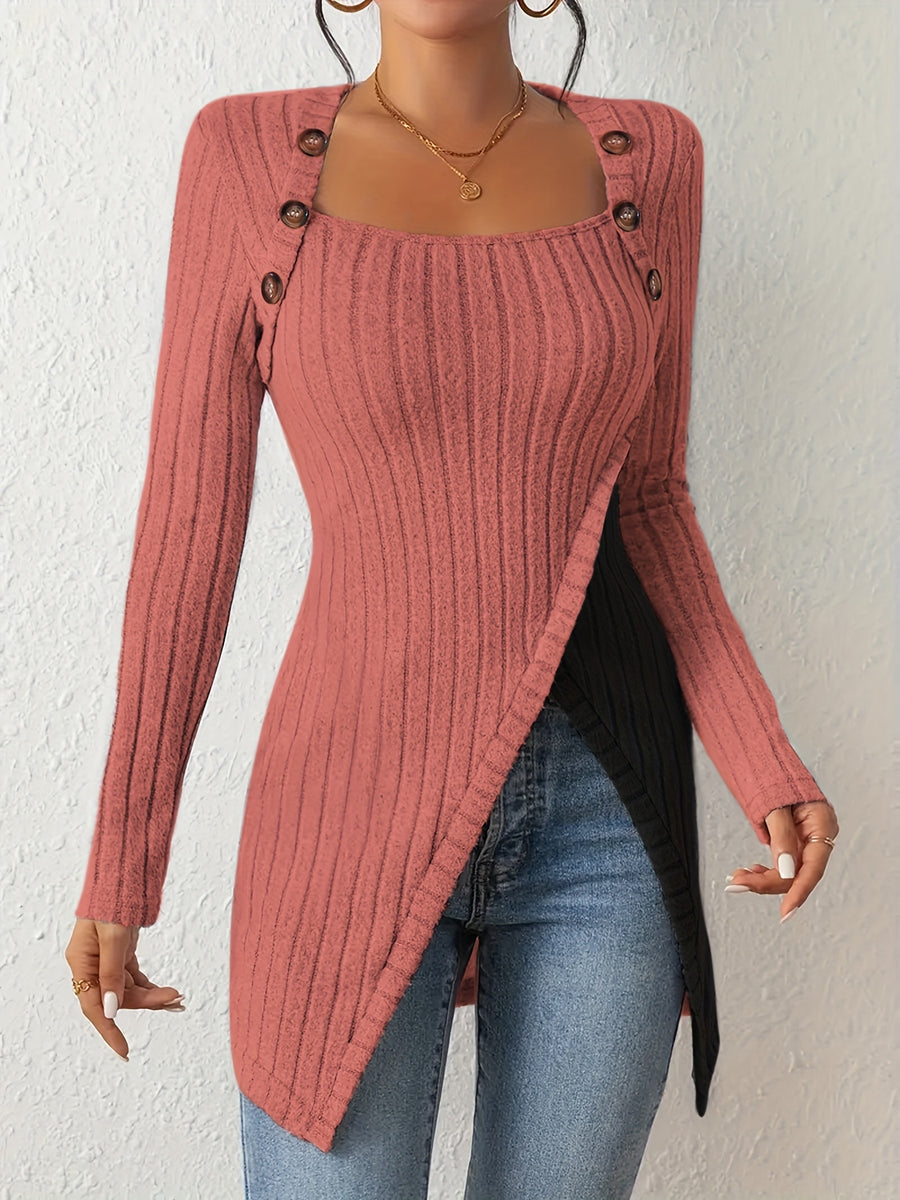Women's Fashion Ribbed Square Neck Contrast Color Irregular Button Long Sleeve T-Shirt - Red