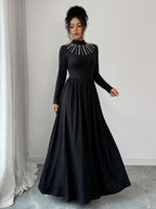 Women'S Elegant Semi-High Neck Pearl Heavy Craft A-Line Loose Lightweight Evening Dress - Black