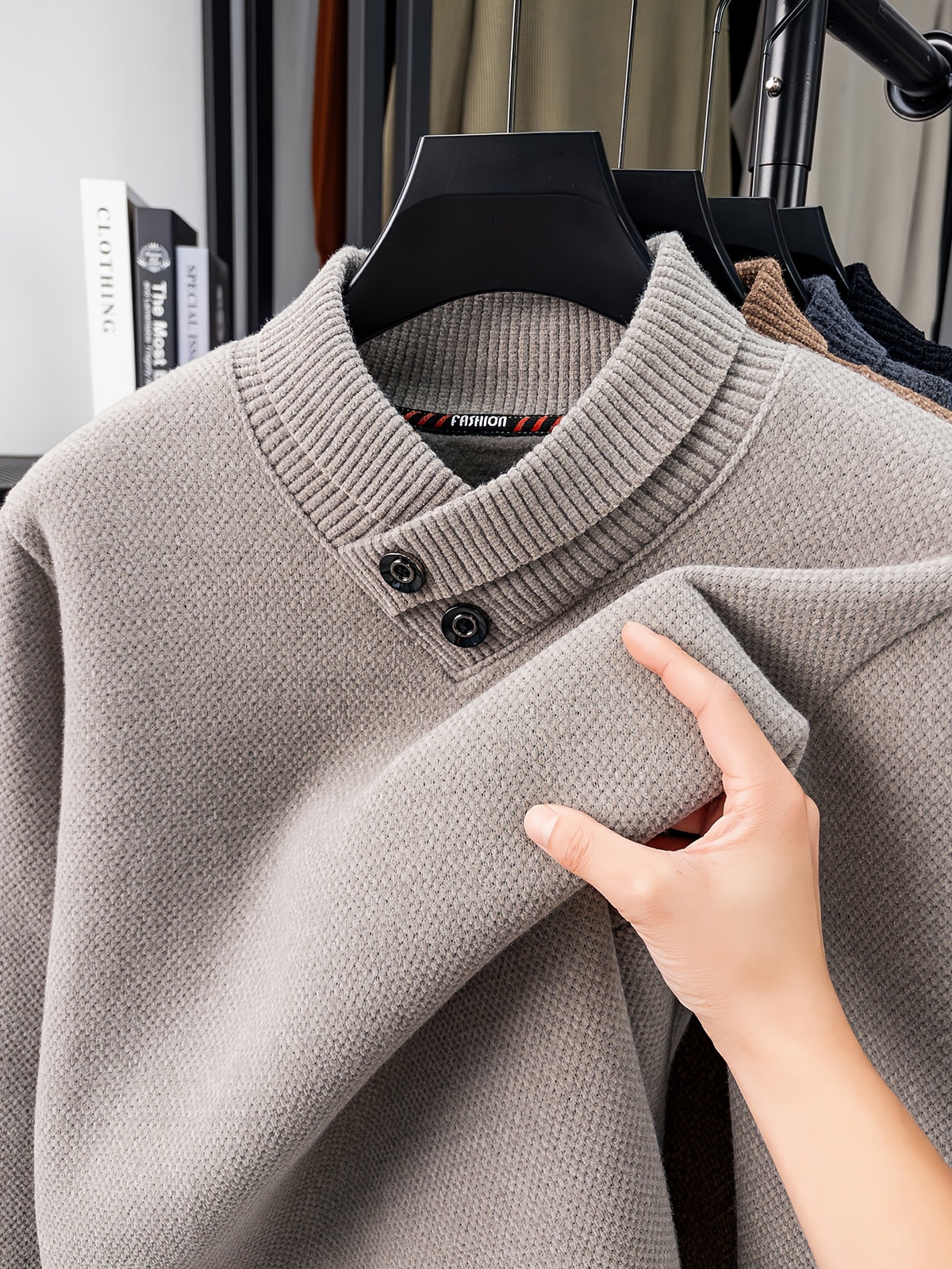 New Men'S Fashion Trendy All-Match Long Sleeve Warm Knit Sweater - Beige Color