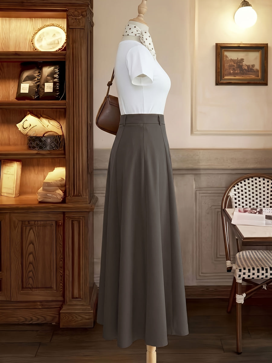 Women's Autumn Winter New Casual Solid Color A-Line Pleated Skirt, High Waist Flared Skirt, Elegant Casual Wear for Outing, Commuting, Vacation,, Home, Versatile, Daily, Office - Coffee Brown
