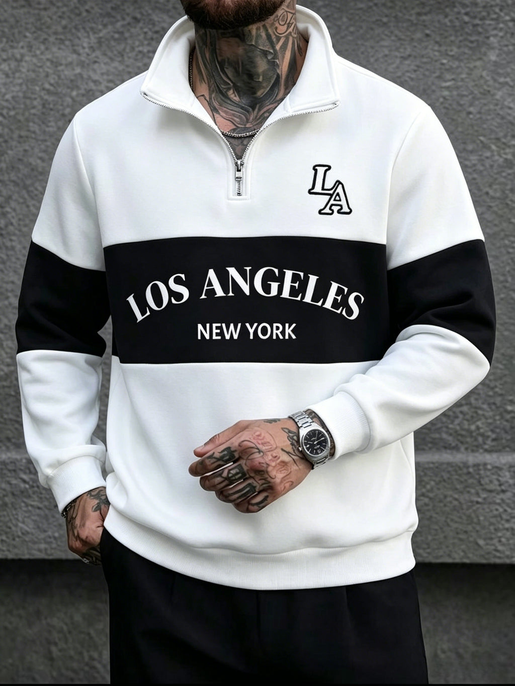 [Shule Water OBM] Spring Men'S Color-Block Letter Print Half-Zip Sweatshirt - Milky