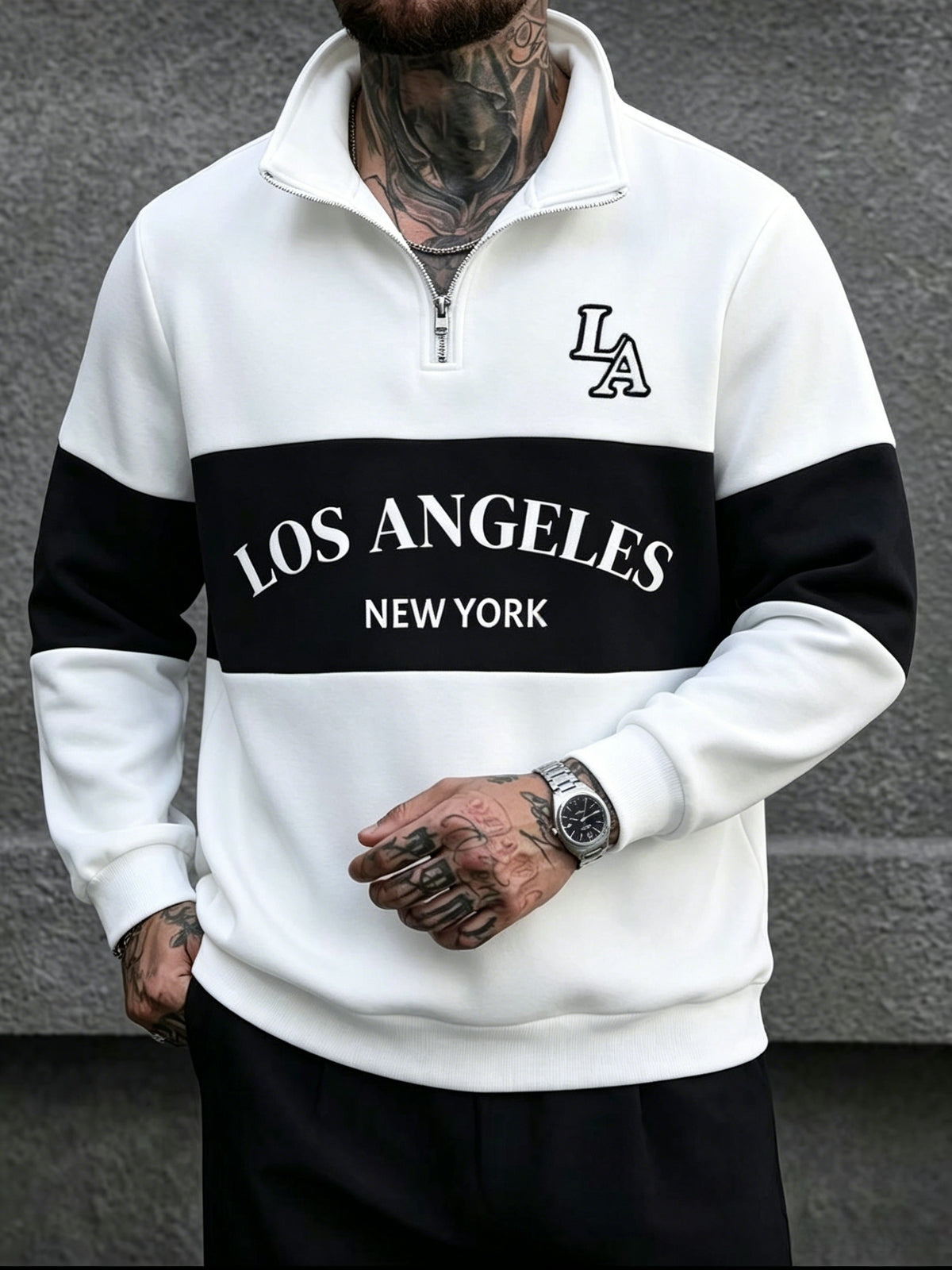 [Shule Water OBM] Spring Men'S Color-Block Letter Print Half-Zip Sweatshirt - Milky