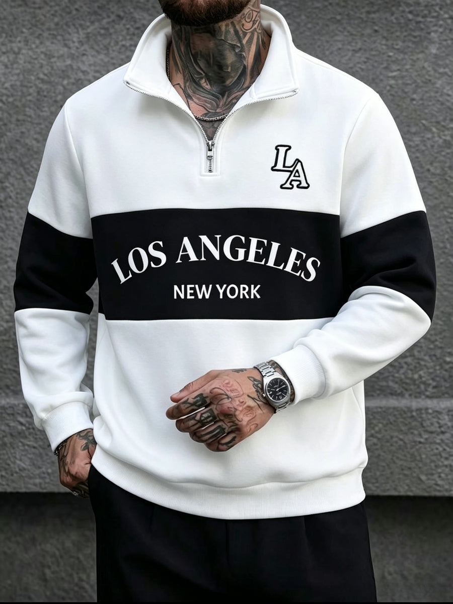 [Shule Water OBM] Spring Men'S Color-Block Letter Print Half-Zip Sweatshirt - Milky