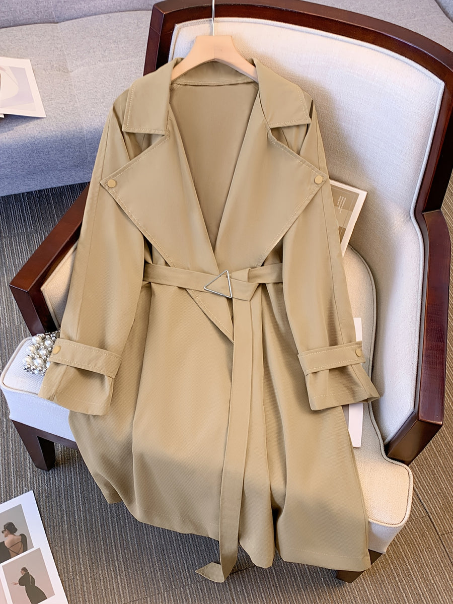 Fall Winter Women'S Wide Lapel Mid-Length Belted Trench Coat, Loose Long Sleeve Windbreaker with Triangle Buckle Waist Belt, Elegant Outerwear for Daily Commute, Business Office, Dating, Weekend Gatherings, Social Events, And City Strolls - Khaki