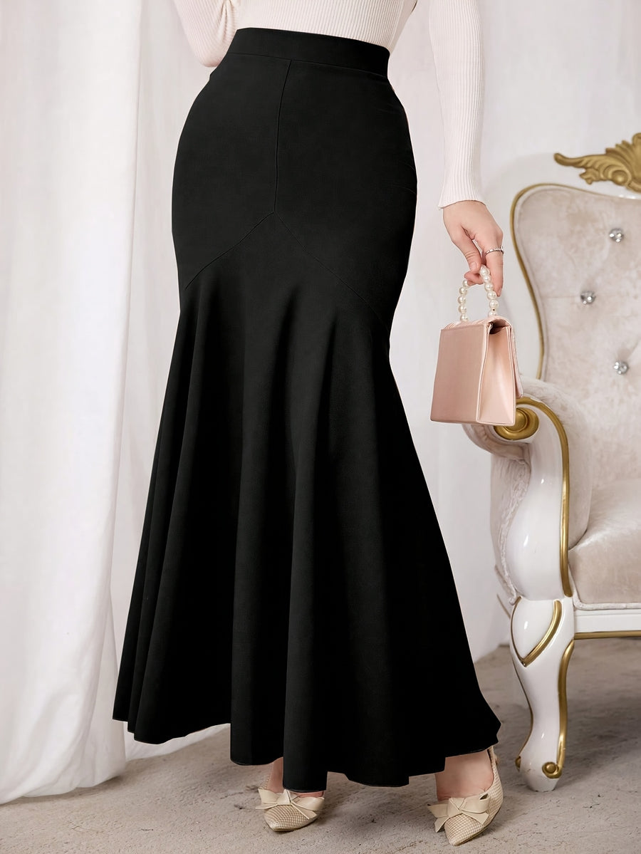 Directional Style Women'S Elegant Half Skirt, Fashionable High-Waisted Mid-Length Skirt, Elastic Waistband, Fishtail Skirt, A-Line Skirt, Suitable for Daily Casual Wear, Parties, Vacations, And Outdoor, Spring/Autumn Collection - Black