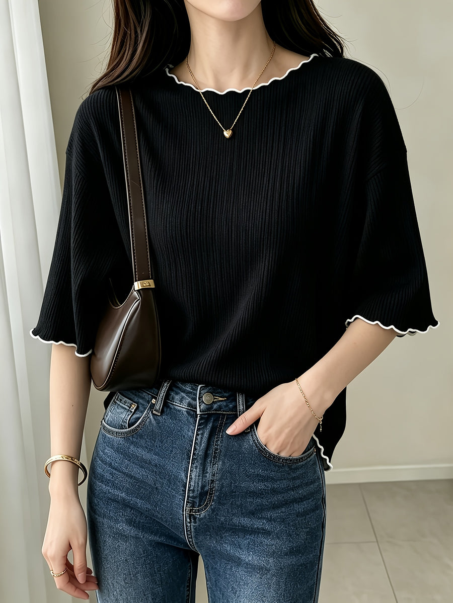 Women's French Ruffle Top - Spring Summer Stretchy High-Elasticity Ruffle Trim Shirt, Solid Color Non-Sheer Machine Washable Suitable for Daily Commute, Office & Casual Wear, French Style Wardrobe Essential - Black