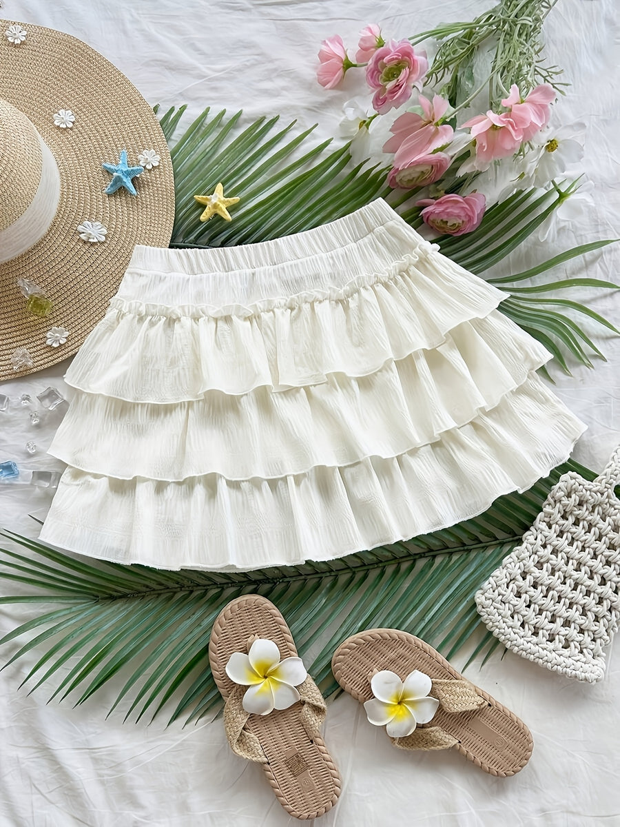 Casual Solid Color Ruffled Short Skirt, Holiday Layered Ruffled Short Skirt, Summer Short Skirt, Yellow Ruffled Short Skirt ZD1127248 - Milky