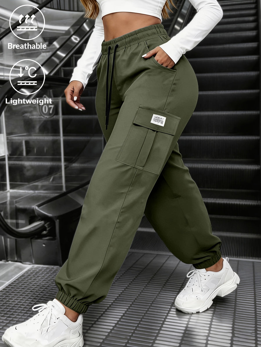 New Spring/Autumn Women's Long Pants, Solid Color Comfortable and Breathable Cargo Pants with Elastic Waistband, Drawstring, Large Pockets, Street Style Pants for Daily Outings and Outdoor Wear - Olive Green