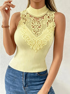 French Lace Elegant Patchwork Mock Neck Vest Top - Yellow
