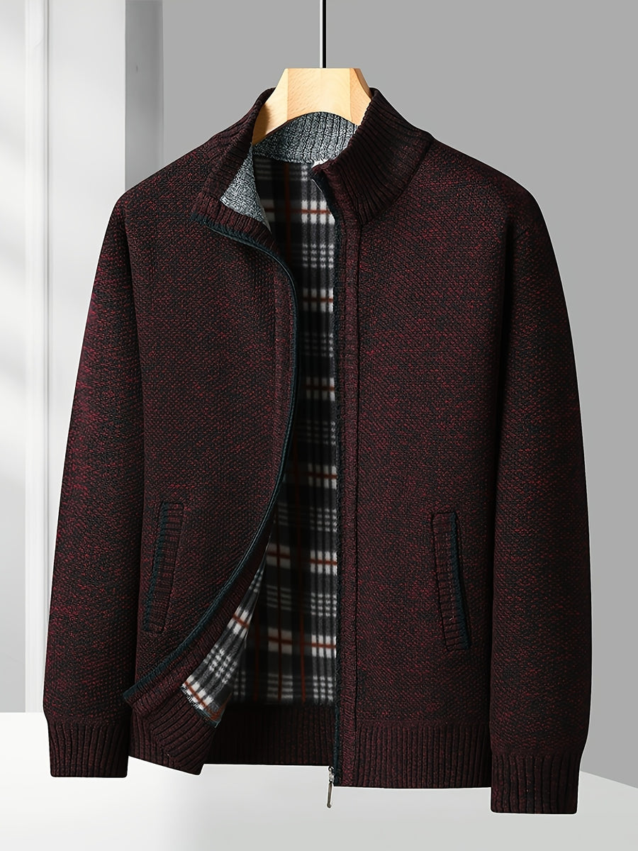 Easy And Casual Men'S Thick Knitted Cardigan, Autumn And Winter Stand Collar Zipper Top Classic Basic Style with Practical Double-Sided Pockets, Basic Style for Daily Wear of Young And Middle-Aged People - Red