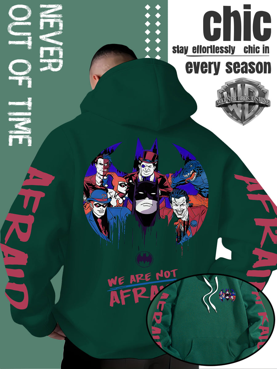 Men'S Batman Hooded Sweatshirt, Cool Graphic Print with Hero And Villain Characters, English Slogans And Sleeve Graffiti, Classic Meets American Dark Streetwear, Fall/Winter Comfortable Long Sleeve, Trendy Street Style for Men - Green