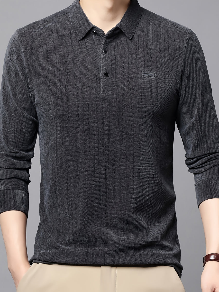 New Autumn Collection: Men's High-GSM Solid Color Textured Vertical Stripe Lapel Top for Commuting, Business, and Casual Wear - Knitted T-Shirt Polo Shirt - Grey