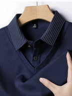 Men's New All-Season Knitwear Classic Lapel Long Sleeve 2-in-1 Look Polo Shirt, Featuring a Stylish and Minimalist Geometric Print Stripe Design, with a Color-blocked Collar and Layered Shirt Style. Made from Lightweight, Breathable - Navy Blue