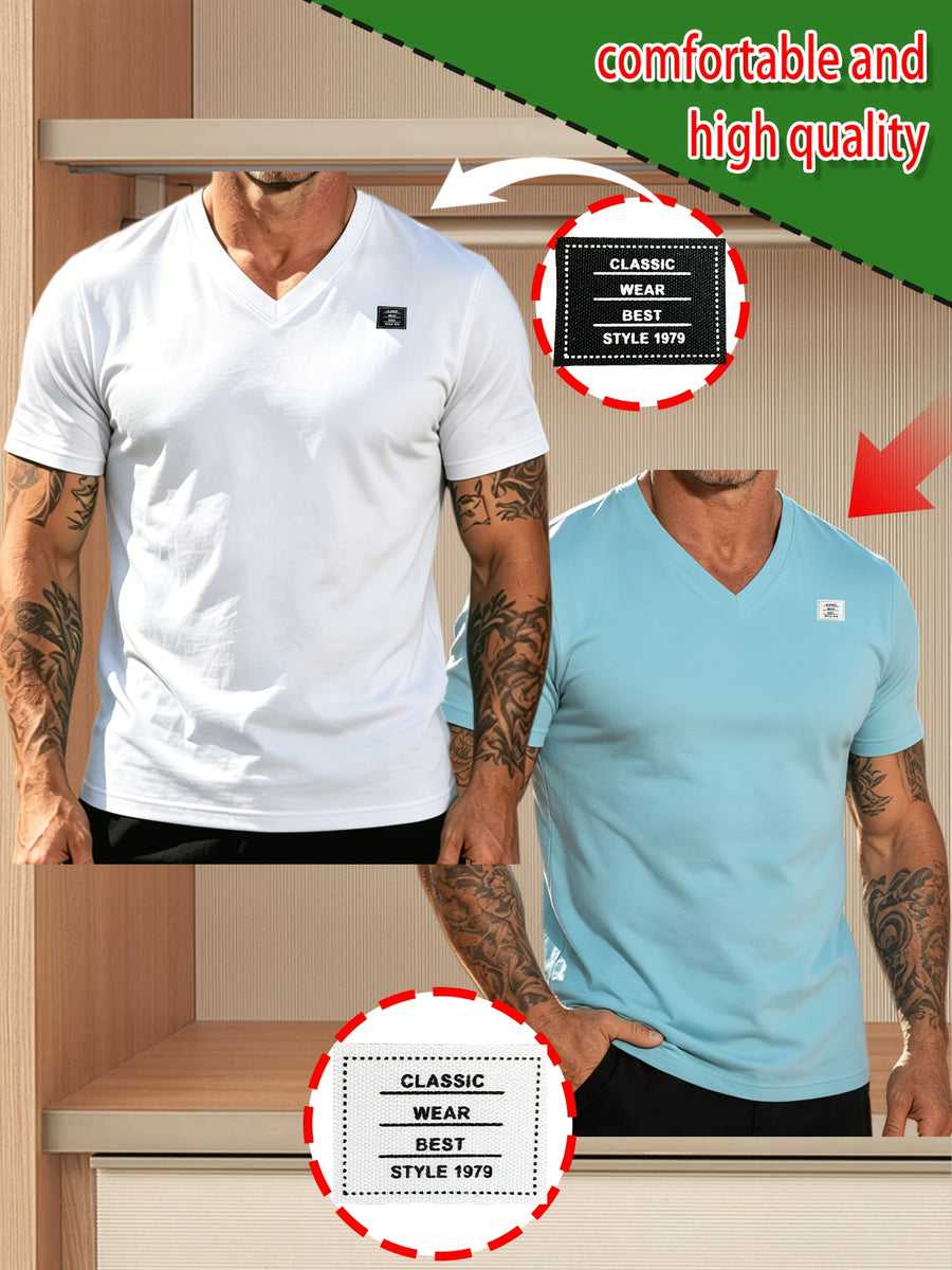 2pcs 100%, Men'S Knitted Solid V-Neck T-Shirt, Men'S T-Shirt New Chapter Design, Summer Global All-Season Base Layer Factory Made Men Comfortable High Quality High Fit Rate Casual Sports Top - White+Sky Blue