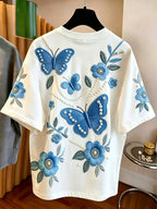 [Printed Design-Not Textured] New Women'S Blue Butterfly Floral Pattern T-Shirt, Women'S Round Neck Short Sleeve, White Base Elegant Fruit Print, Summer Daily Commute Casual Fashion Basic Style - Sky Blue