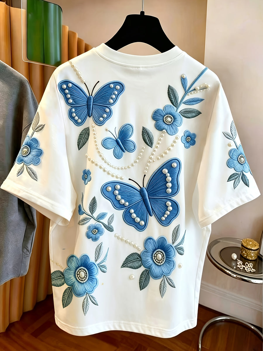 [Printed Design-Not Textured] New Women'S Blue Butterfly Floral Pattern T-Shirt, Women'S Round Neck Short Sleeve, White Base Elegant Fruit Print, Summer Daily Commute Casual Fashion Basic Style - Sky Blue